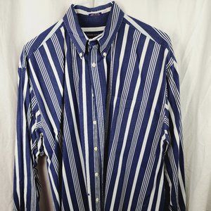 Norsport retro blue and white wide striped dress shirt size Large